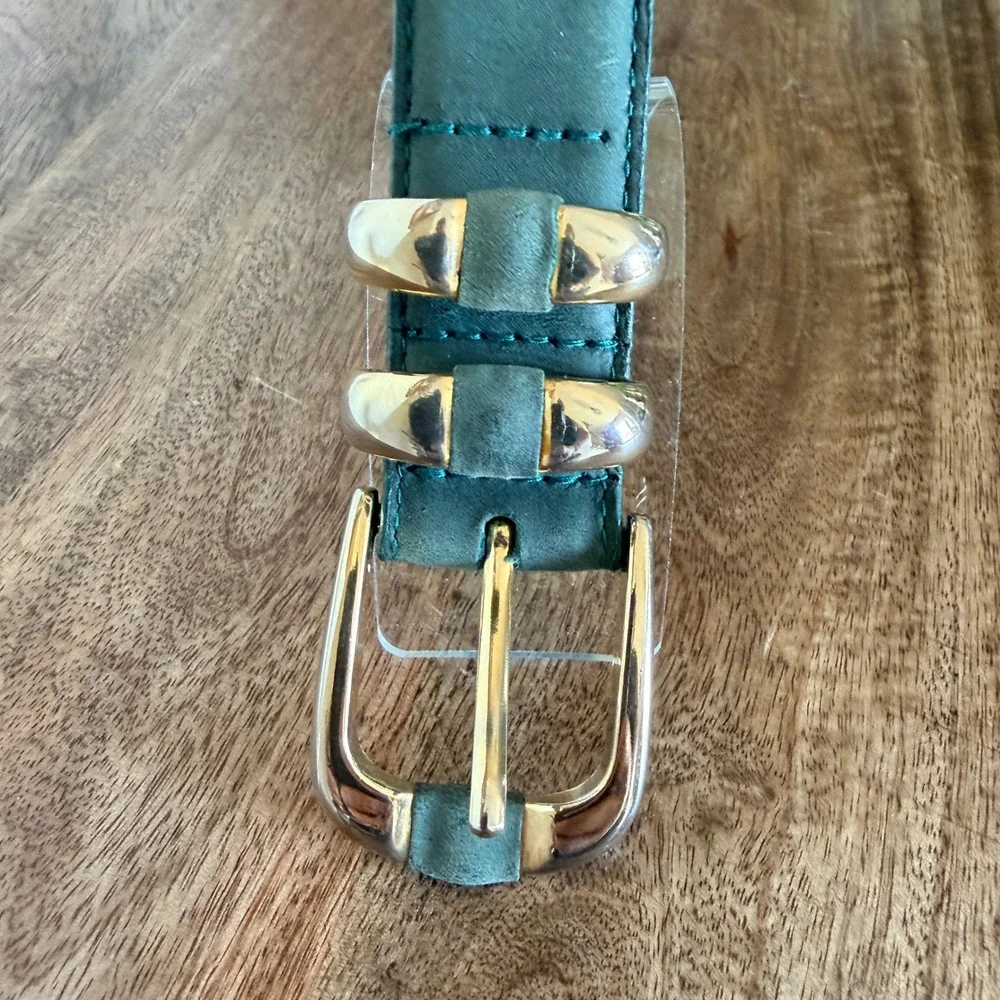 New York Studio Leather Belt Womens S Teal Green Gold Buckle Classic Minimalist